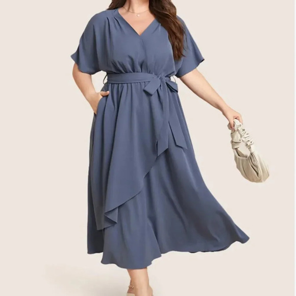 BloomChic Plain Dolman Sleeve Pocket Belted Surplice Neck Flutter Dress - Picture 3 of 5